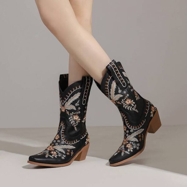 Chunky Heel Embroidery Knee-high Cowboy Boots - Image 3