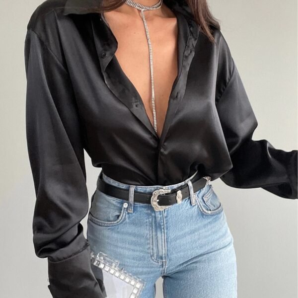 Single-breasted Long Sleeve Lapel Shirt Sexy Women Clothing - Image 3