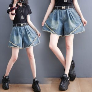 Women's New Korean Style Denim Stitching Washed Shorts