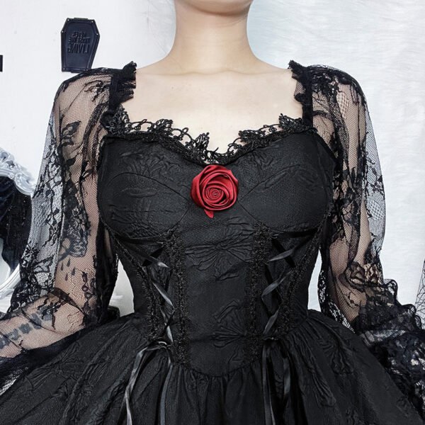 Dark Design Princess Slimming Three-dimensional Flower Lace Long Sleeve Temperament Dress - Image 6