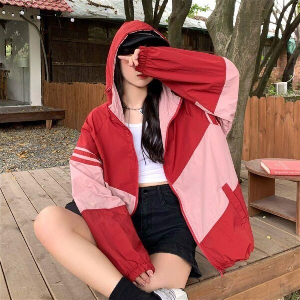 Contrast Color Hooded Sun Protection Clothing For Women Loose Thin Coat - Image 8