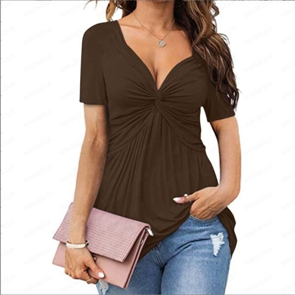 New Women's V-neck Front Twisted Shirt Short Sleeved Elegant Casual T-shirt Solid Color Pullover Top - Image 4