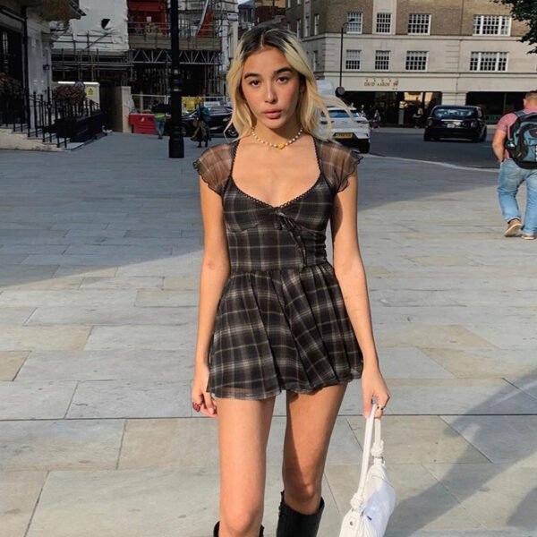 Gothic Plaid Dress Black Lace Up Women Dress Harajuku - Image 2