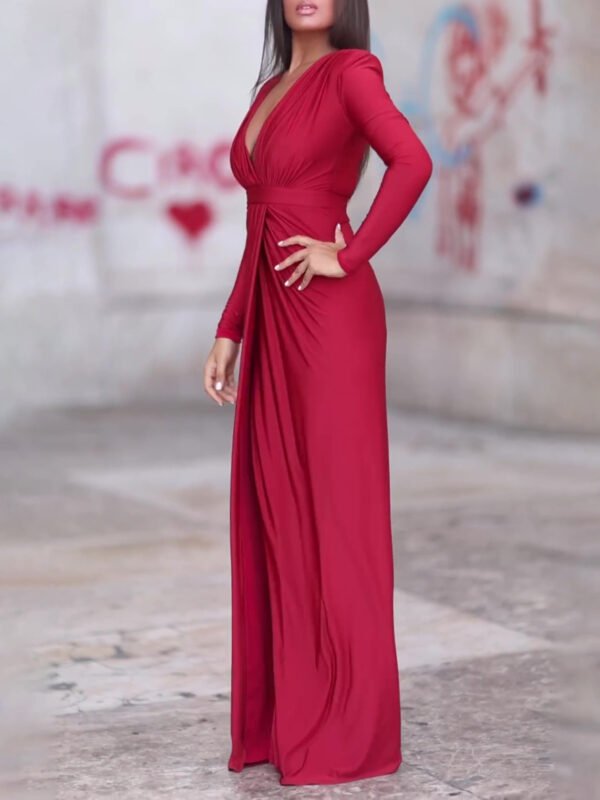 V-neck Long-sleeved Solid Color Maxi Dress - Image 3