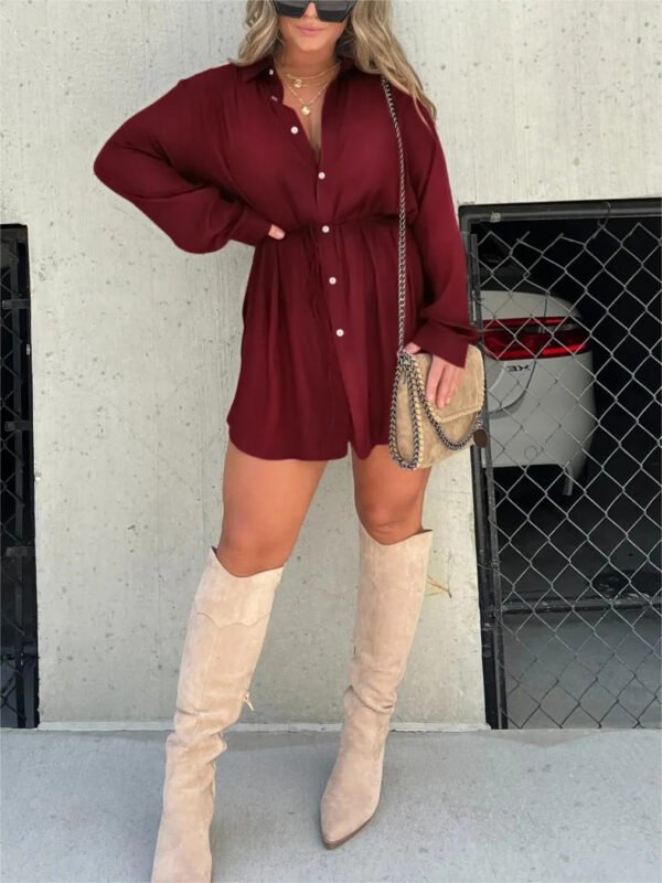 Women's Long Sleeve Jumpsuit With Button Fashion Shirt Dress - Image 2