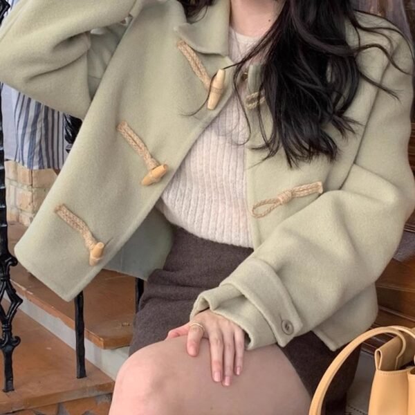 Retro Elegant Lapel Horn Button Woolen Coat - Image 3