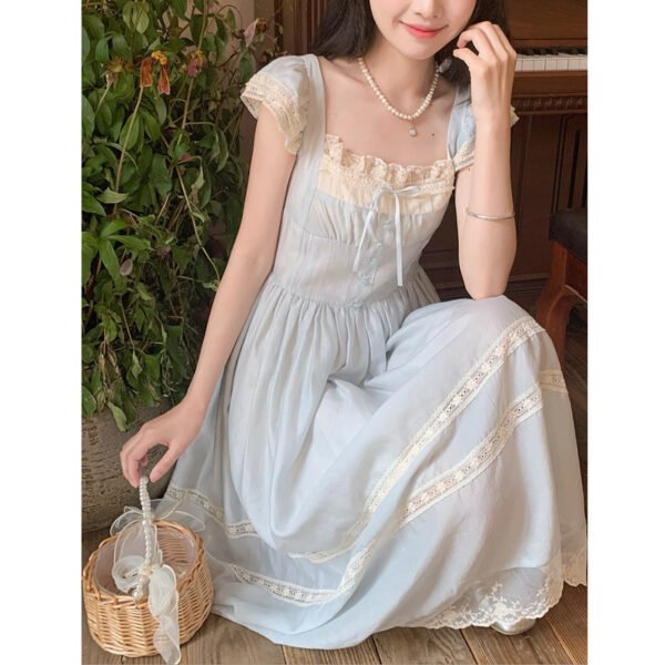 Lace Bow Blue Long Dress Female - Image 7