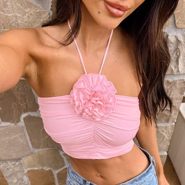 Women's Fashion Lace-up Halter Three-dimensional Flower Pleated Navel Vest - Image 3