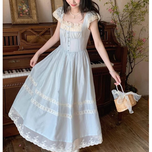 Lace Bow Blue Long Dress Female - Image 2