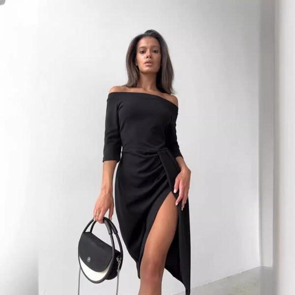 Women's Off-neck Long Sleeve Waist Slit Dress - Image 4
