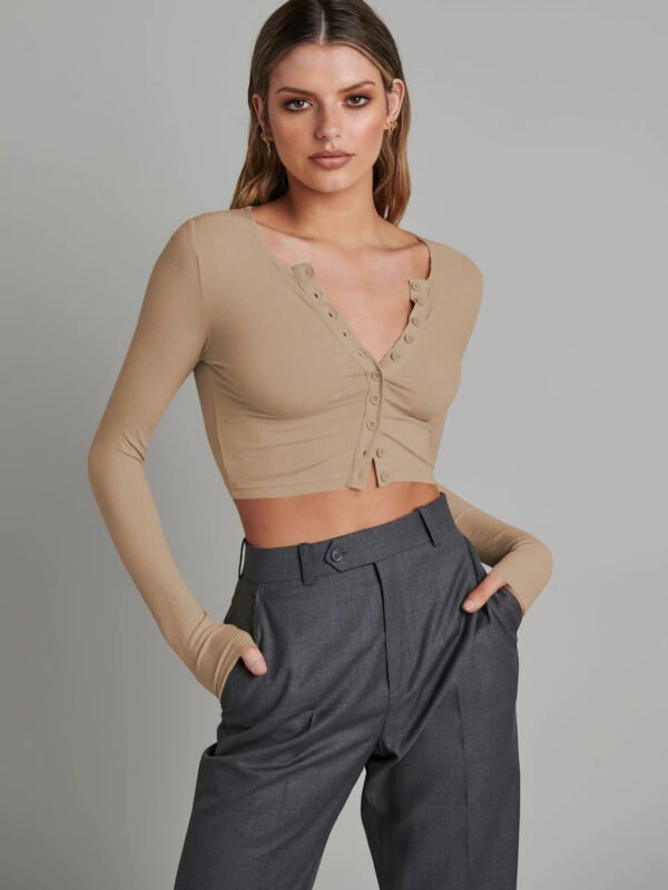 Button Rib Long Sleeve Knitted Cardigan Women's Clothes Cropped Top - Image 2