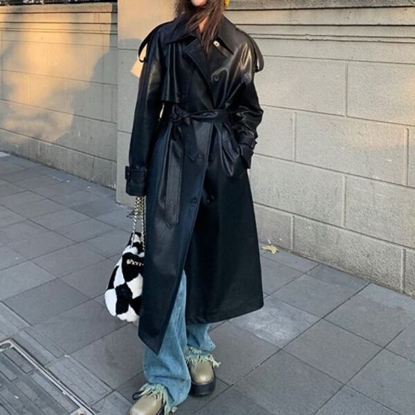 Advanced Sense Black Leather Coat Thick Loose - Image 4