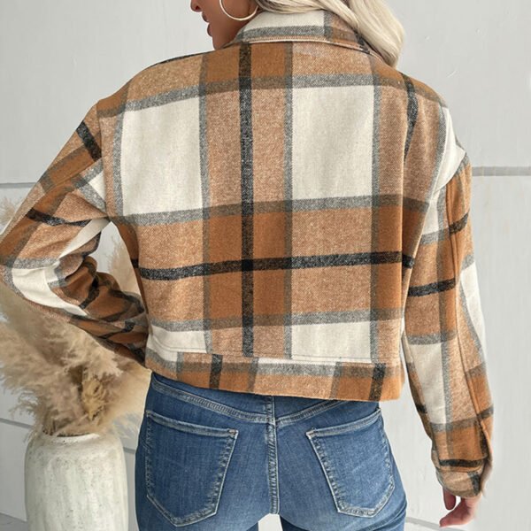 Plaid Lapel Cropped Jacket With Pockets Fashion Button Long Sleeve Short Outwear Tops Coat For Womens Clothing - Image 4
