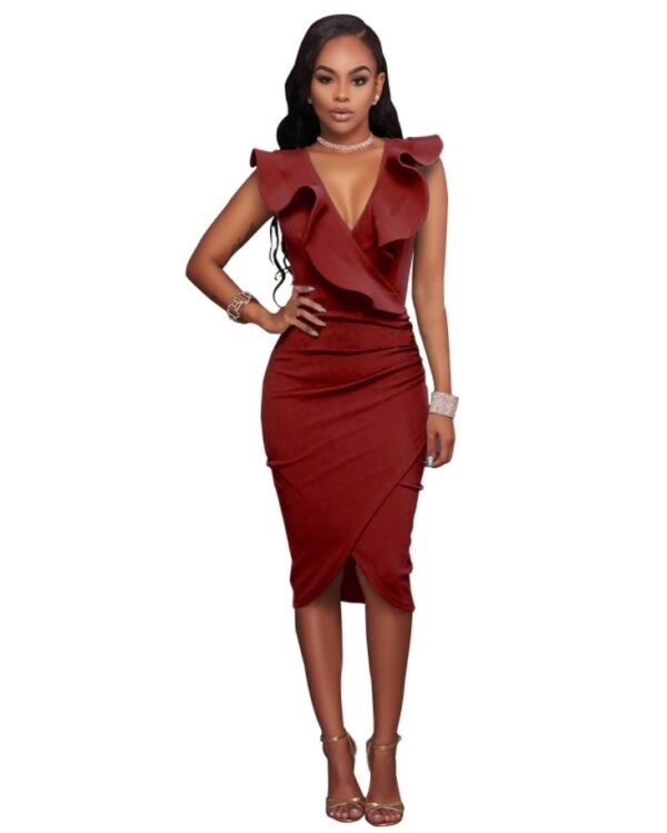 European and American Standard Code Sexy V-neck ruffled sleeveless hip dress - Image 3