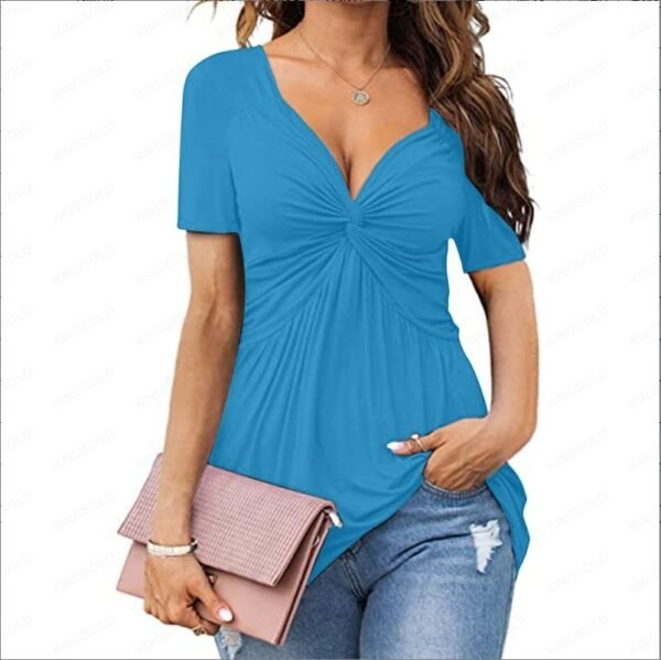 New Women's V-neck Front Twisted Shirt Short Sleeved Elegant Casual T-shirt Solid Color Pullover Top - Image 7