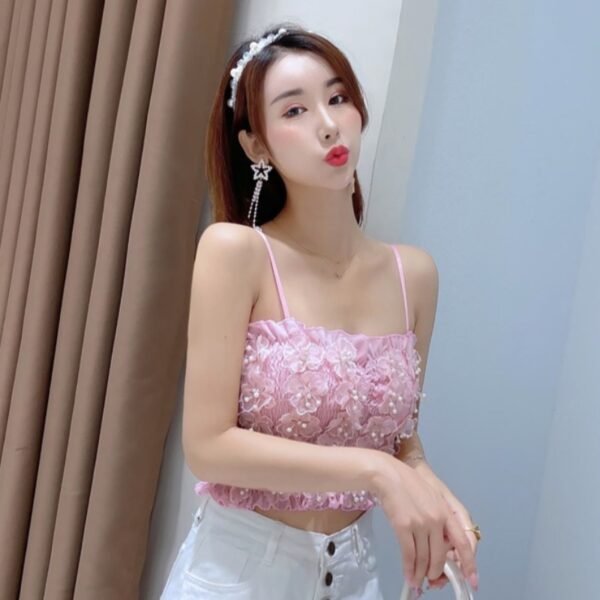 Three-Dimensional Flower Pearl Net Red Waist Top Women's Clothing - Image 3