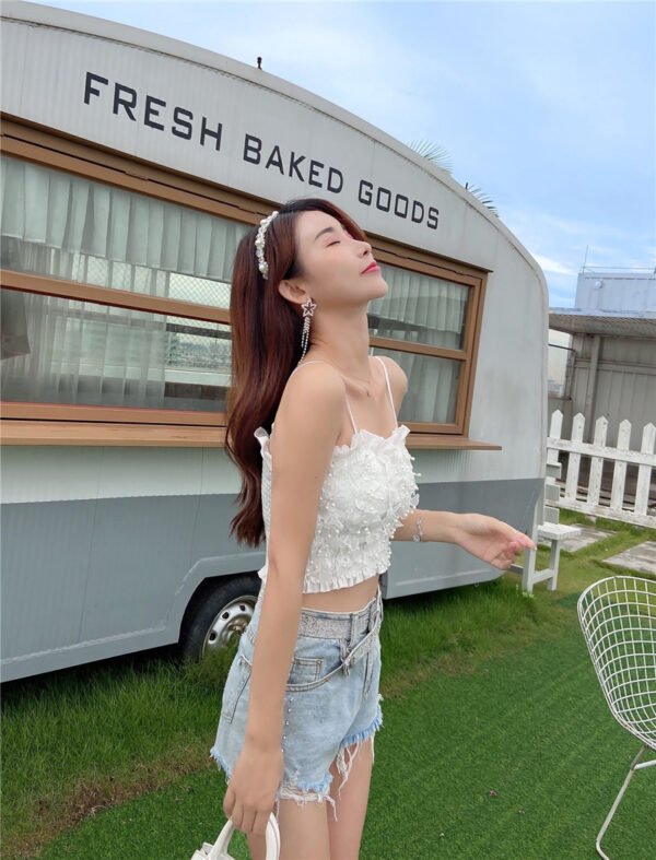 Three-Dimensional Flower Pearl Net Red Waist Top Women's Clothing - Image 2