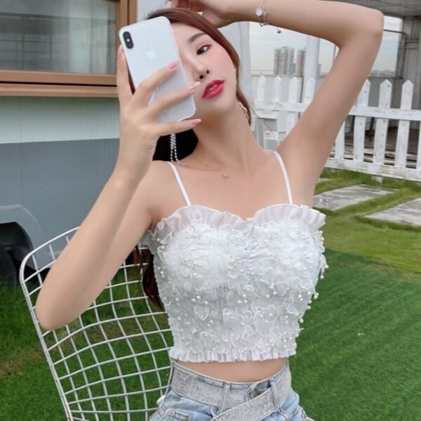 Three-Dimensional Flower Pearl Net Red Waist Top Women's Clothing - Image 7