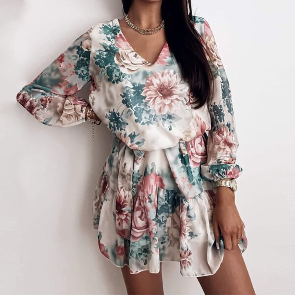 European And American Style, High Waist, Thin, Rural, Fresh, V-Neck Design, Printed Dress, Short Skirt, Women - Image 6