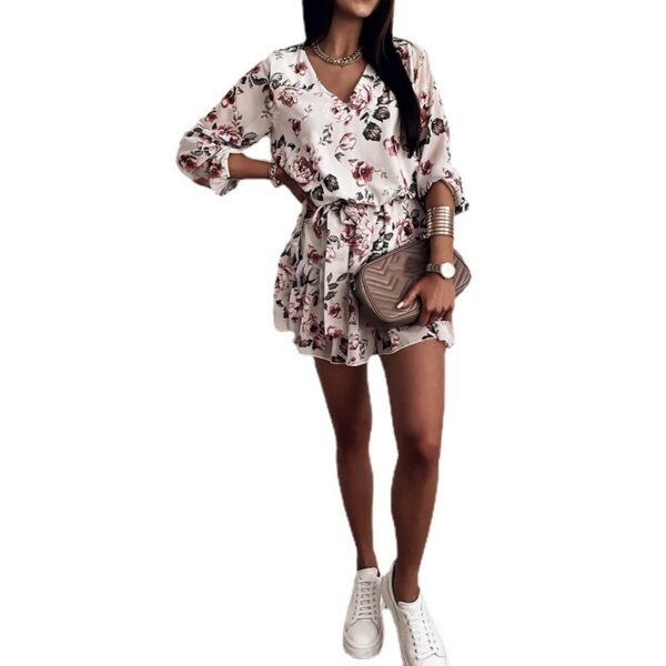 European And American Style, High Waist, Thin, Rural, Fresh, V-Neck Design, Printed Dress, Short Skirt, Women - Image 4
