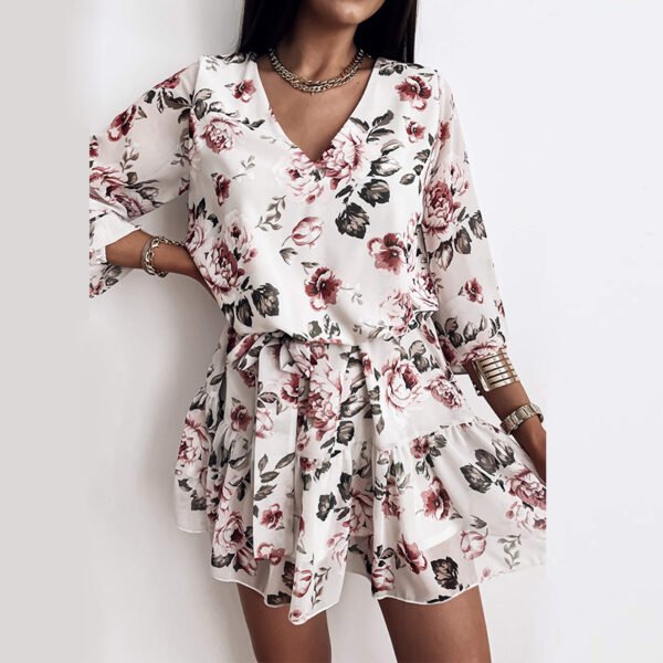 European And American Style, High Waist, Thin, Rural, Fresh, V-Neck Design, Printed Dress, Short Skirt, Women - Image 5