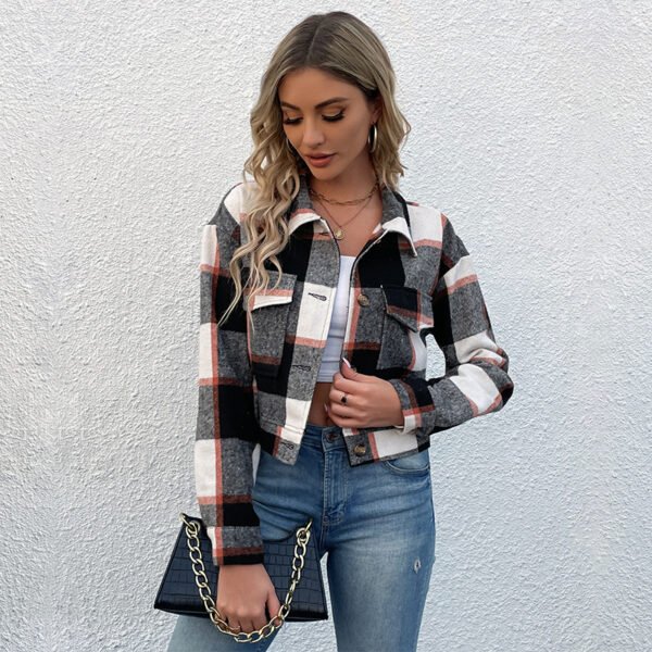 Plaid Lapel Cropped Jacket With Pockets Fashion Button Long Sleeve Short Outwear Tops Coat For Womens Clothing - Image 5