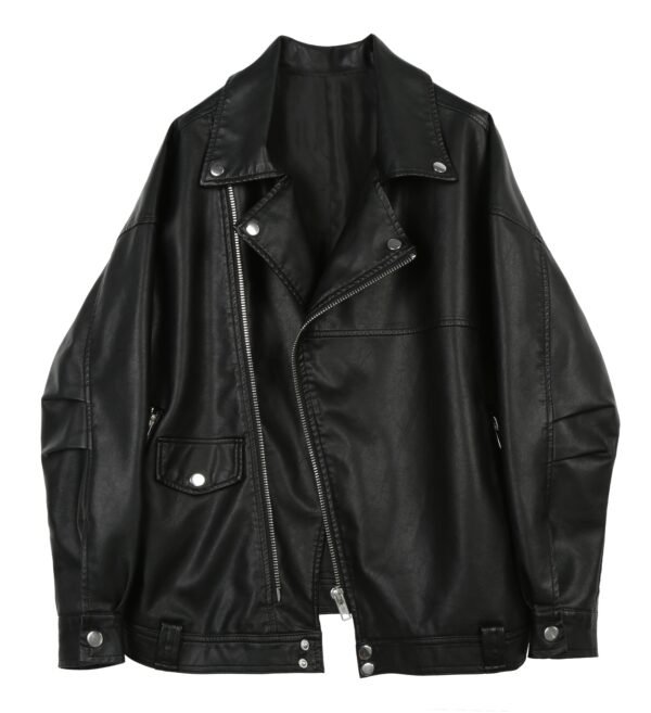 Casual Loose Small Plus Size Black Leather Coat - Image 3