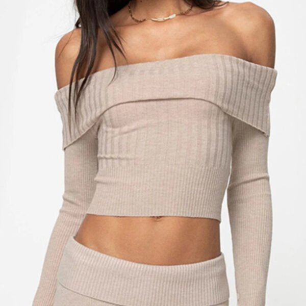Boat Neck Long Sleeve Knitted Sweater Off-shoulder Crop Short Top SFor Womens Clothing - Image 3