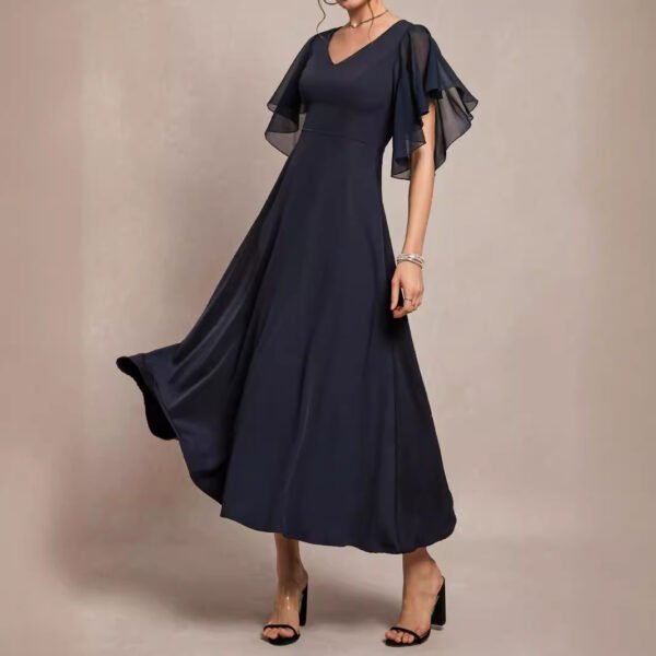 V-neck Ruffle Cuff Elegant Plain Dress Women - Image 4