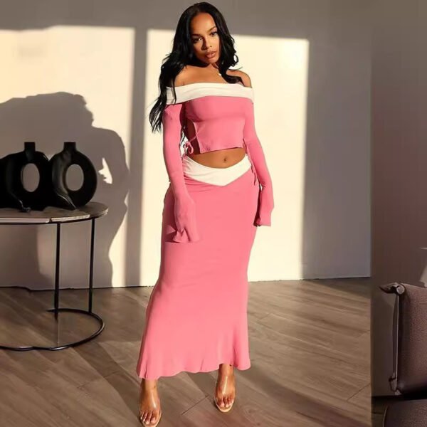Women's Two-piece Suit With Exposed Navel And Contrast Color Coat Skirt - Image 6