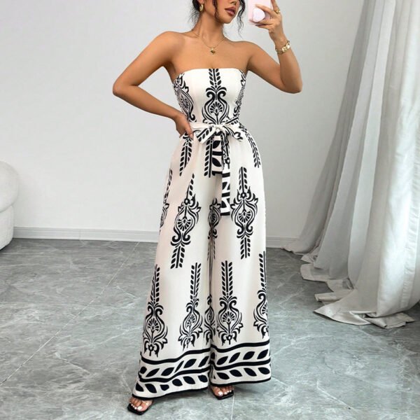 Women's Wide-leg Slim Fit Tied Printed Jumpsuit - Image 3