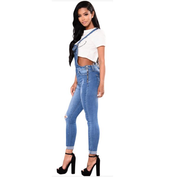Women's Ripped Denim Suspender Pencil Pants - Image 7