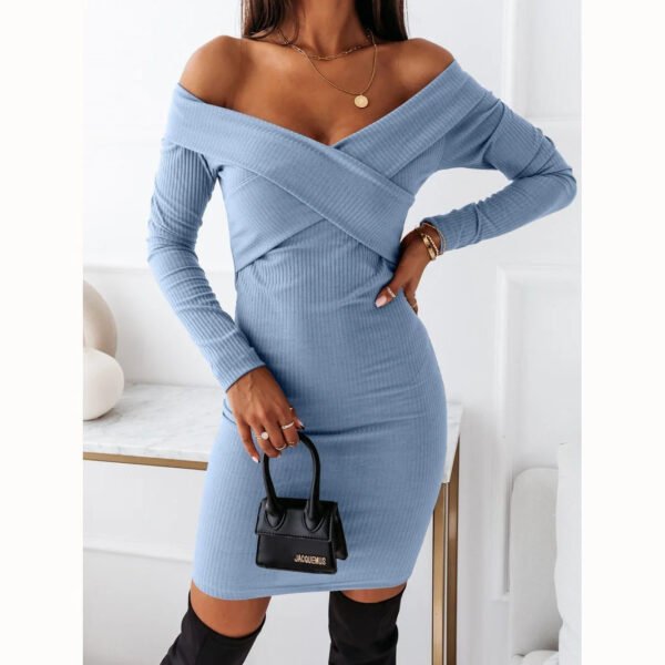 Women's Long Sleeve Patchwork Off-the-shoulder Dress - Image 3