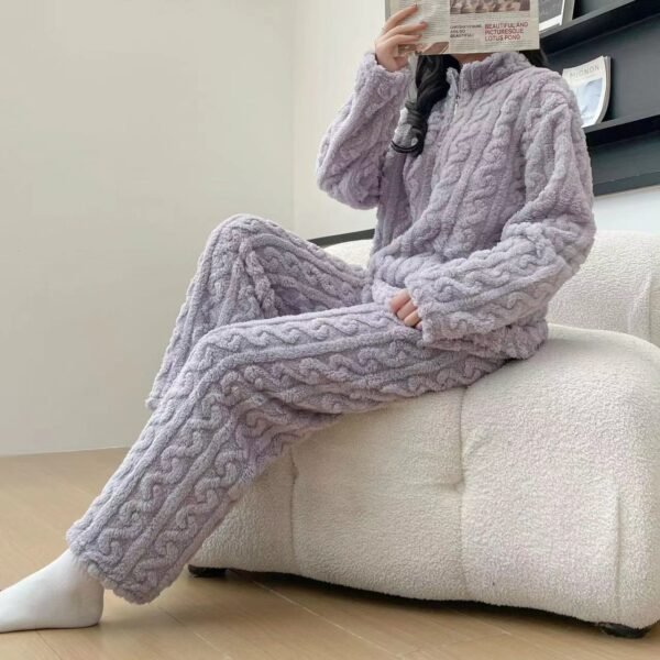 Autumn And Winter New Twist Zipper Couple Fleece-lined Thick Coral Fleece Pajamas Homewear Loungewear Sleepwear For Sleeping - Image 6