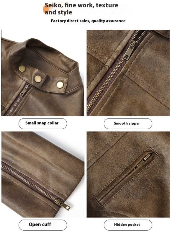 Short Leather Jacket Slim Brown Jacket Motorcycle Jacket - Image 6