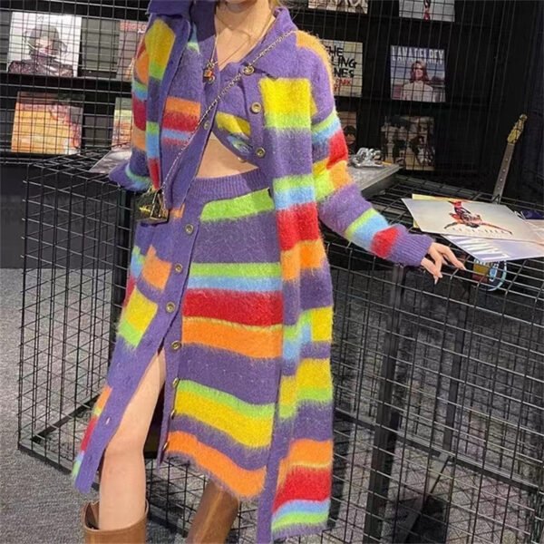 Fashion Slimming Candy Color Coat Retro Lazy Style Rainbow Striped Cardigan Sweater - Image 3
