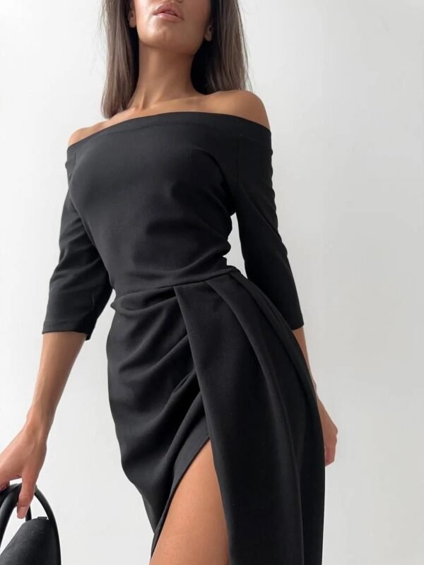 Women's Off-neck Long Sleeve Waist Slit Dress - Image 6