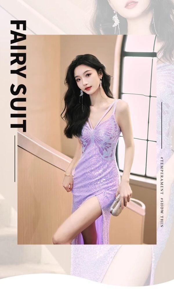 New Sequined Evening Dress Autumn And Winter Purple French Style High Sense Banquet - Image 3