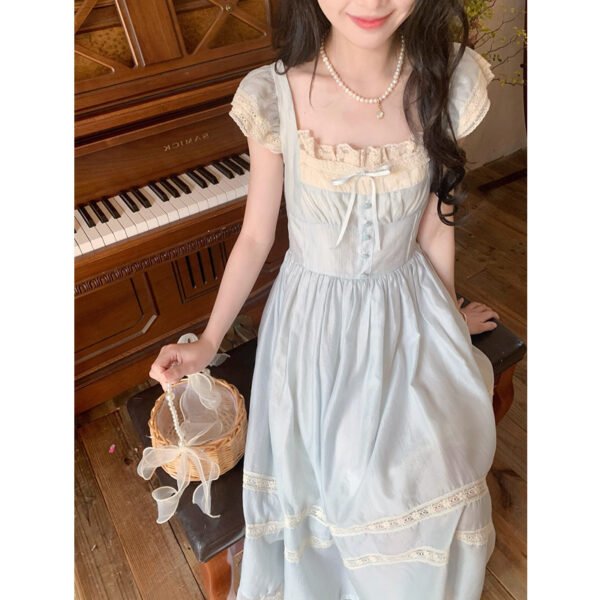 Lace Bow Blue Long Dress Female - Image 6