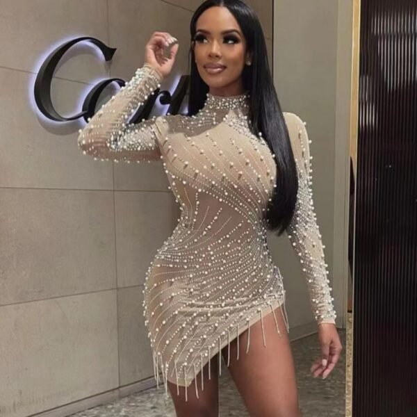Heavy Industry Pearl Rhinestone Stretch Side Seam Tassel Short Dress - Image 2