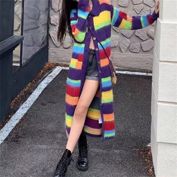 Fashion Slimming Candy Color Coat Retro Lazy Style Rainbow Striped Cardigan Sweater