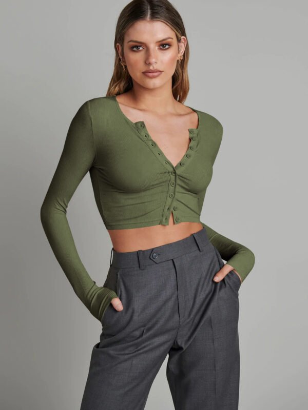 Button Rib Long Sleeve Knitted Cardigan Women's Clothes Cropped Top - Image 5