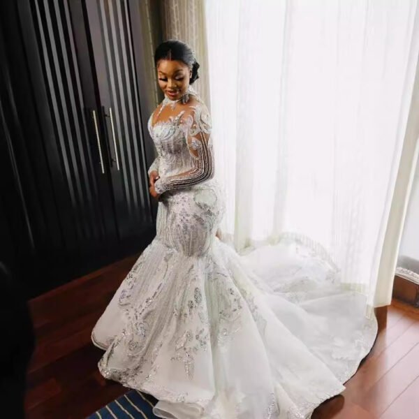 Wedding Dress African Bridal Lace Long Sleeve Fishtail - Image 7