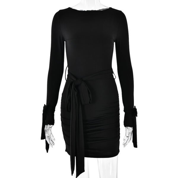 Round Neck Long Sleeve Bowknot Lace-up Pleated Slim Fit Dress - Image 8