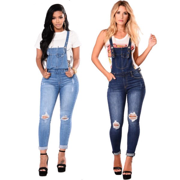 Women's Ripped Denim Suspender Pencil Pants - Image 5