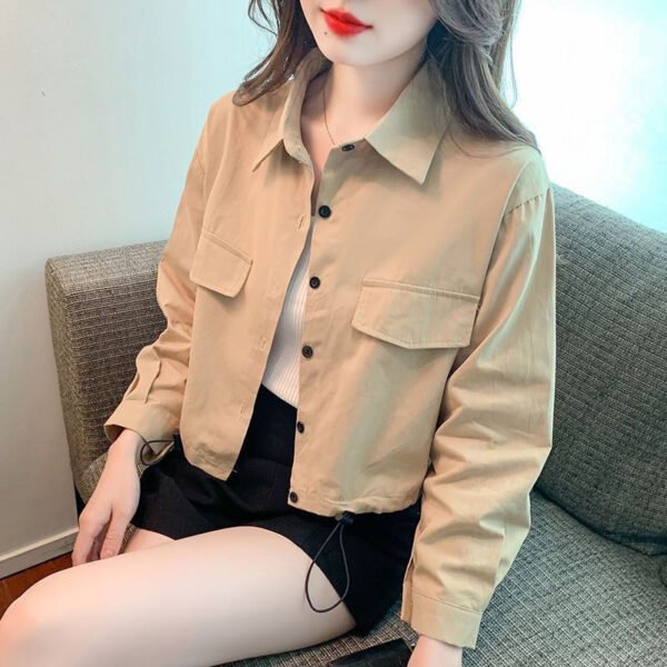 Korean Version Of Everything Loose Simple Drawstring Design Sense Long-sleeved Casual Shirt Short Top - Image 3