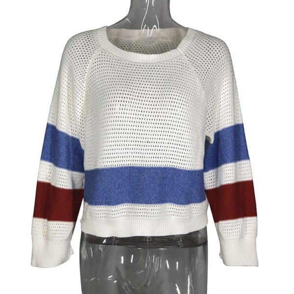 Women's Hollow-out Long Sleeve Color Matching Round Neck Pullover Loose Sweater - Image 2
