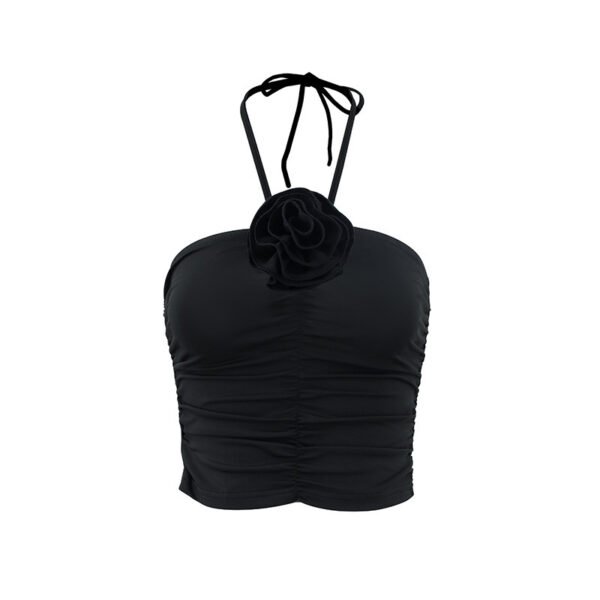 Women's Fashion Lace-up Halter Three-dimensional Flower Pleated Navel Vest - Image 4