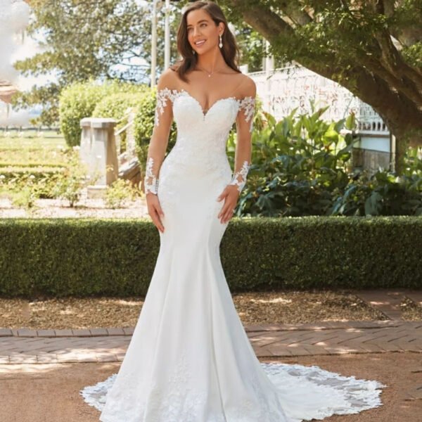 Long Sleeve Backless Lace Fishtail Wedding Dress - Image 10
