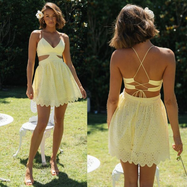 Women's New Cotton Embroidery V-neck Cross Back Lace Up Petal Swing Dress
